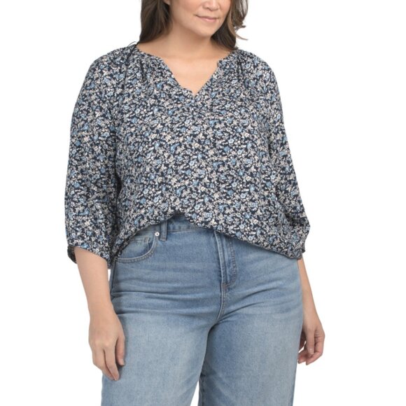 JONES & CO JONES NEW YORK Navy/ivory Plus Split Neck Blouse - Picture 1 of 2